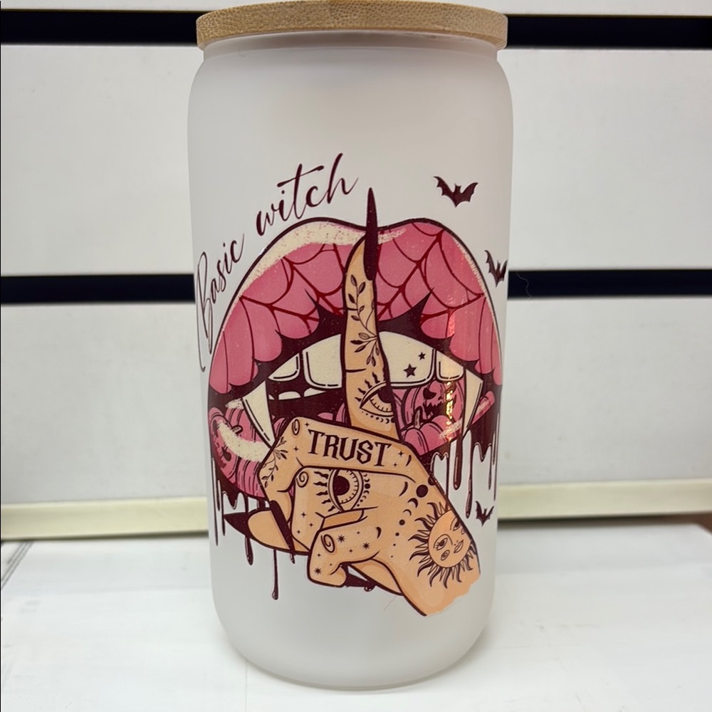 Frosted Glass Jar cup with Witchy Design